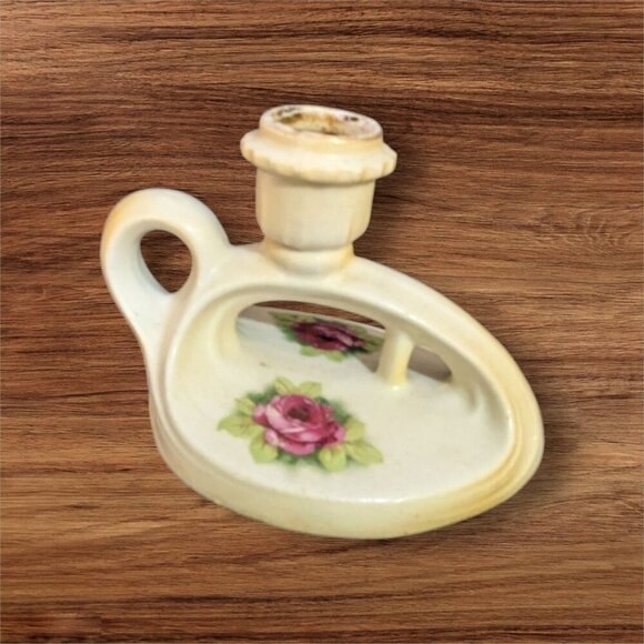 Vintage Ceramic Porcelain Chamberstick Candle Holder With Pink Rose Design    ag - Picture 1 of 11
